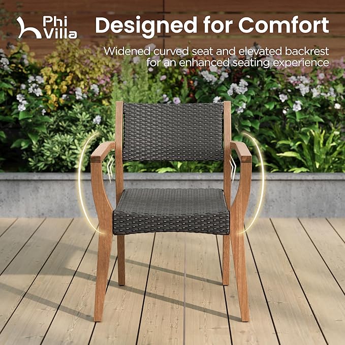 PHI VILLA Outdoor Dining Set for 6, Expandable Acacia Wood Table & Chairs | 7pc teak patio furniture set. Large farmhouse set for deck, porch, backyard.