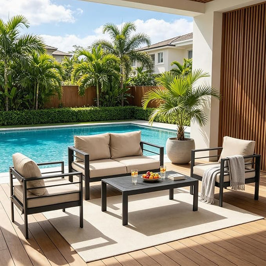 4-Piece Patio Furniture Set – All-Metal Outdoor Sectional Couch with Horizontal Slat Armrests, 4" Cushions & Coffee Table, Modern Patio Conversation Set for Porch, Balcony, or Deck (Beige)