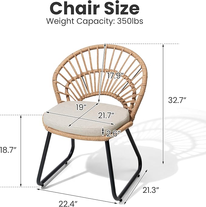 Rattan Patio Dining Chairs Set of 6, Hand-Woven Wicker Outdoor Chair | Shell Shaped Back with 2.6” Black Detachable Cushion, Sled Metal Frame Patio Side Chairs for Garden Backyard Porch