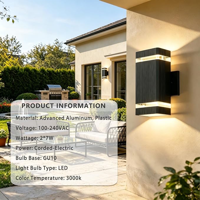 JYV Outdoor Wall Lights, Square Up and Down LED Porch Lights, Black | Waterproof Exterior Lighting Fixtures, 2x7W 3000K Bulbs, Outdoor Lights for House Porch Garage Patio
