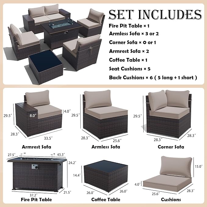 Gotland 7 Pieces Patio Furniture Set with 55000BTU Fire Pit Table, Wicker Patio Set with Wide Armrests 29.5'' High Backrest Thick Cushions 1 Coffee Table, Outdoor Furniture for Porch Deck Khaki