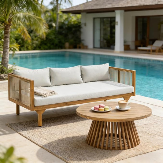 Christopher Knight Home Clarie Patio Sofa and Coffee Table Set, 2 Piece Outdoor Patio Furniture Set with Cushion, Acacia Wood 3 Seater Outdoor Sofa Daybed and Coffee Table Set, Light Gray+Teak