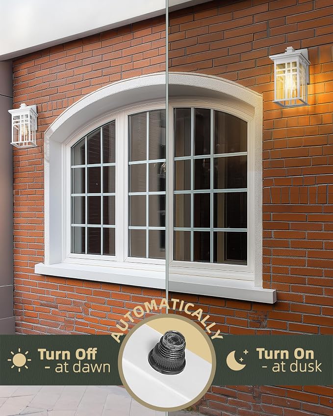 Dusk to Dawn Outdoor Wall Light 2 Pack - HWH Exterior Wall Sconce Light Fixture, Outdoor Porch Light Wall Lamp for Garage, Doorway, Balcony, Garden, Glossy White Finish, 5HD27B-PC-2PK WH