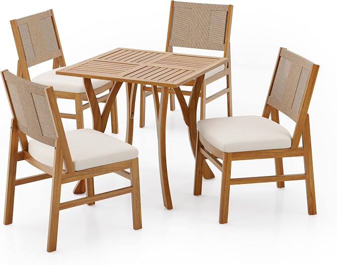Christopher Knight Home 5 Piece Outdoor Dining Set Acacia Wood Square Table and 4 Light Brown Wicker Chairs with Cream Cushions Teak Finish Patio Furniture Set for Garden Backyard Balcony