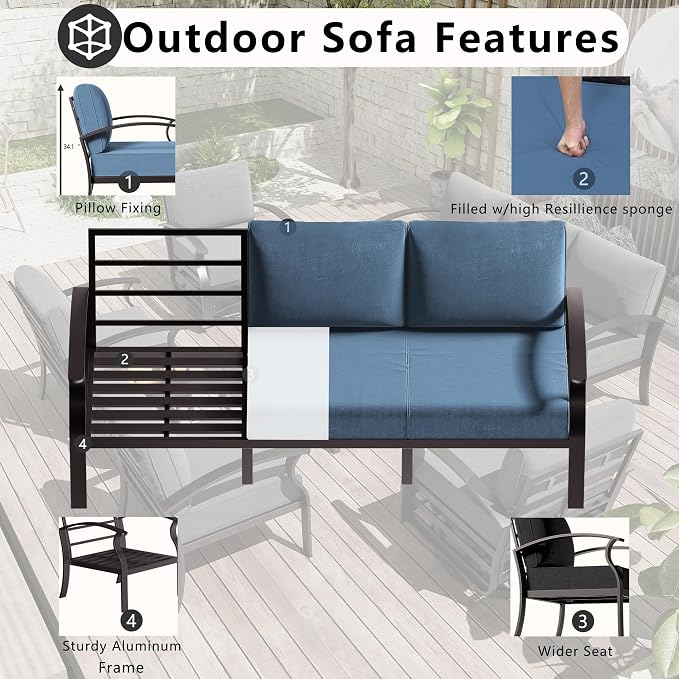 Patio Furniture Set 3-Piece Aluminum Armrest Sofa,All-Weather Patio Conversation Set with Tempered Glass Top Table & Removable Sponge Cushions for Backyard Poolside - Blue