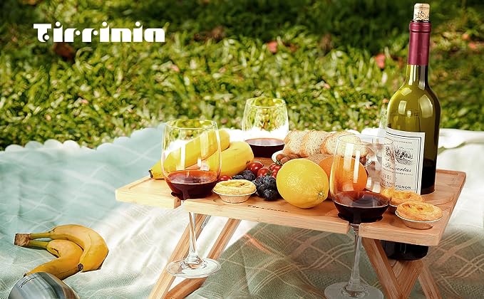Tirrinia Portable Wine Picnic Table, Ideal Wine Gift for Women Men, Outdoor Folding Table & Beach Charcuterie Board with Wine Glasses Holder for Camping, Park, Party, Garden Concerts, Wooden