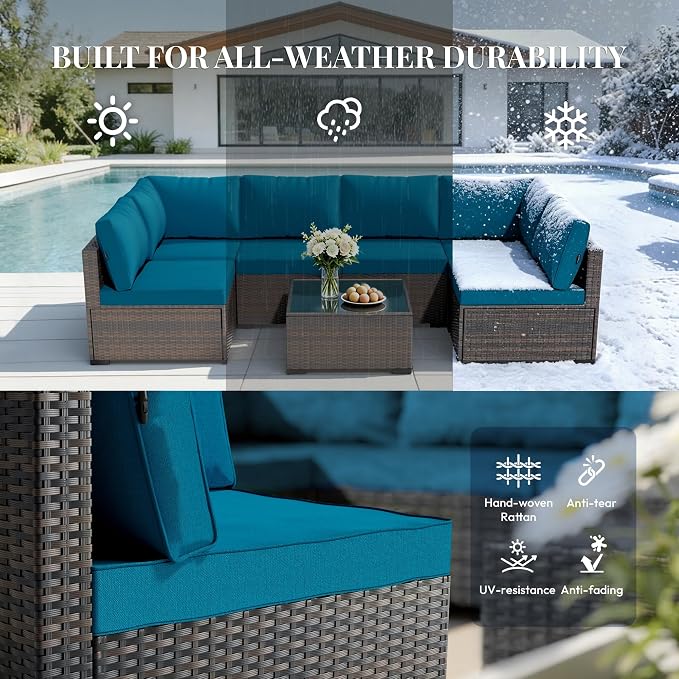 WWR Patio Furniture Set 7 Piece - All-Weather - Wicker Rattan Patio Outdoor Conversation Set, Modular Sectional Sofa for Backyard, Garden, Poolside, Balcony, Porch, Patio, Brown/Peacock Blue
