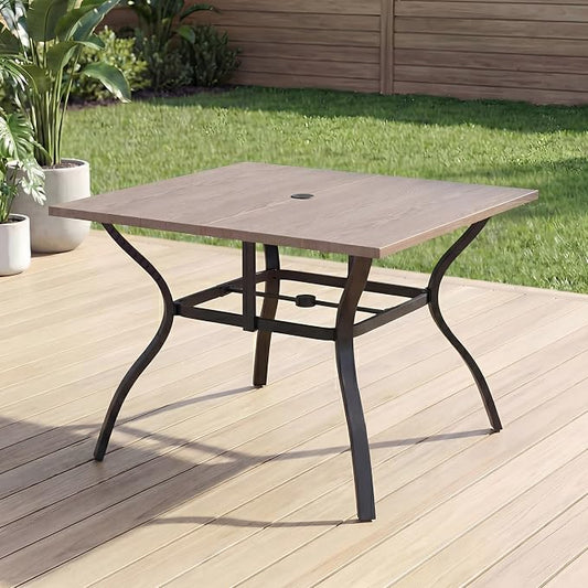 37.8”x37.8” Metal Outdoor Dining Table for 4,Square Patio Dining Table with Adjustable Umbrella Hole,All-Weather Brown Outdoor Patio Table for Porch, Garden, Backyard, Poolside, Lawn