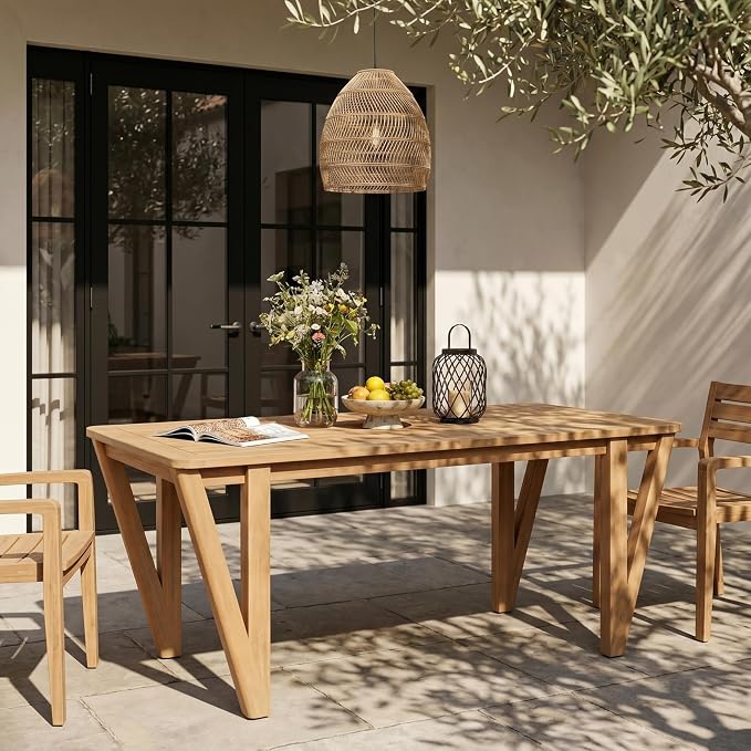 Christopher Knight Home Cara 70.75" L Acacia Wood Outdoor Dining Table, Sturdy Rectangular Patio Table for 6-8 People, Farmhouse Patio Dining Table with Slatted Design and V-Shaped Legs, Light Teak
