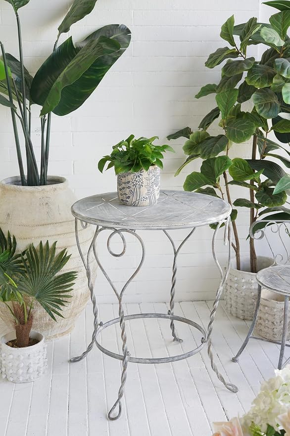 Heart Iron Side Table, Distressed Silver 26x26x30 in | Distressed silver iron, heart swirl design, twisted legs, round lower ring shelf, 2-tier, assembly required