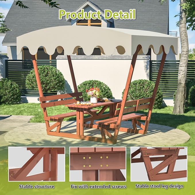 Wood Outdoor Picnic Table Bench Set, Wooden Dining Table Set with 2 Built-in Benches for 4-6 Adults, All-Weather Patio Table and Bench Set with Detachable Sunshade Canopy for Front Porch Lawn Garden