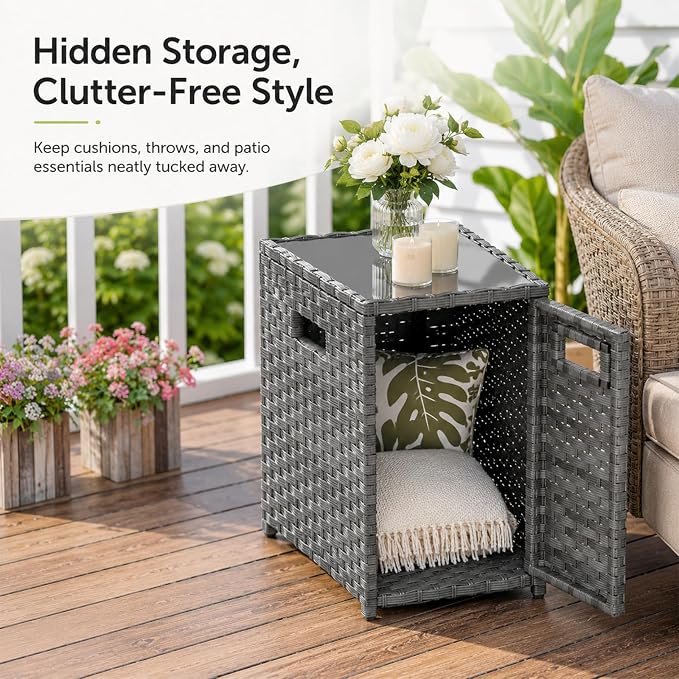 Restland Outdoor Wicker Table - Grey Rattan Coffee Table with Tempered Glass Top & Storage Cabinet, Multi-Functional End Table for Patio, Deck, Porch, 300LBS Load Bearing