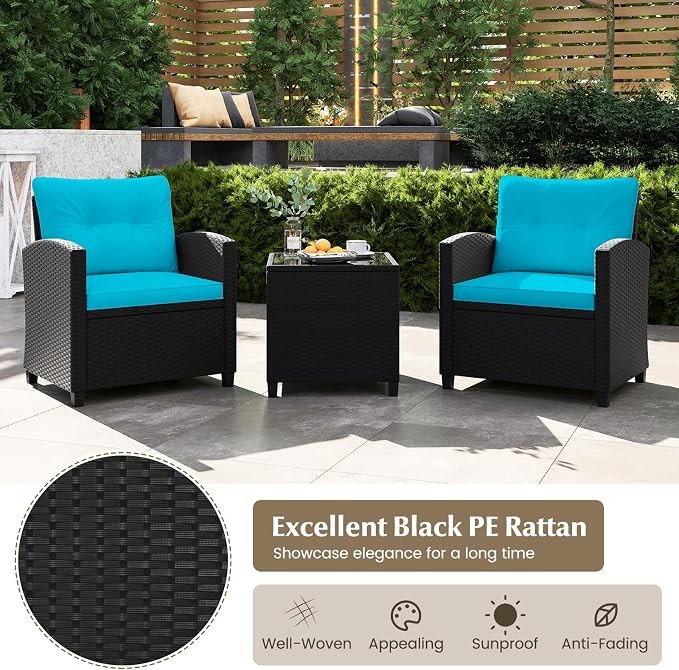 RELAX4LIFE 3-Piece Patio Furniture Set - Wicker Rattan Bistro Sofa Set w/Glass Top Coffee Table, Washable Cushions for Porch Balcony Backyard Poolside, Outdoor Furniture Conversation Set (Turquoise)