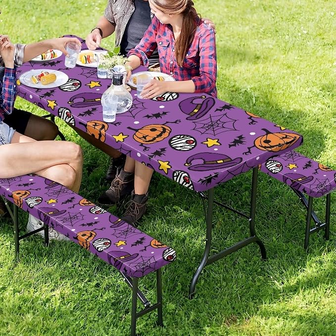 Halloween Picnic Table Cover with Bench Covers 3 Piece Fitted Picnic Table Cover with Bench Covers Picnic Table Covers with Elastic Band Picnic Table Cover for Halloween Decoration
