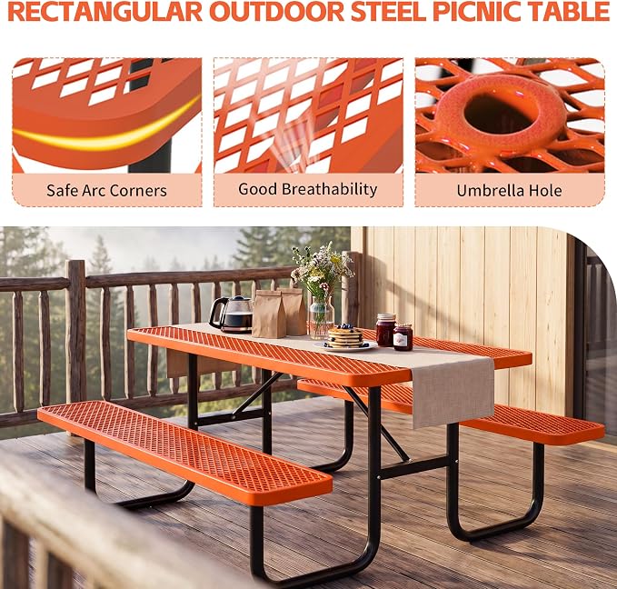 72" Outdoor Rectangular Picnic Table with Umbrella Hole, Heavy Duty Commercial Grade Steel Camping Table for Backyard Patio Deck, Weather-Resistant Orange Metal Mesh