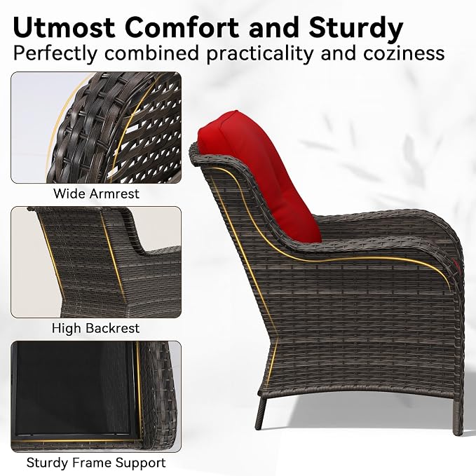 Outdoor Rocking Chair, Wicker Patio Chair with Thickened Olefin Cushions, High Back and Deep Seating, Hand-Woven PE Rattan for Porch, Deck, Balcony, Red