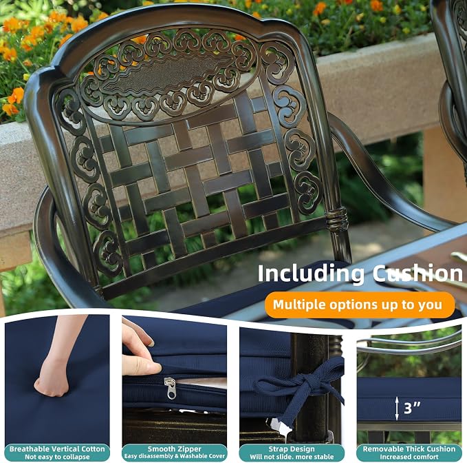 MEETWARM 7-Piece Outdoor Patio Dining Set, All-Weather Cast Aluminum Patio Conversation Set with 4 Stationary, 2 Swivel Rocker Chairs, 1 Rectangular Table, 6 Cushions, 2" Umbrella Hole, Navy Blue