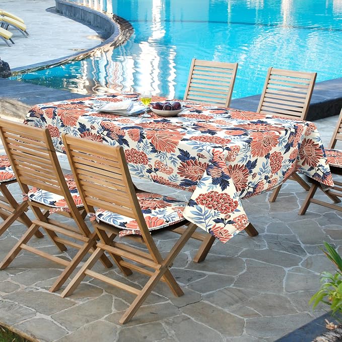 DYTXIII Outdoor Rectangle Tablecloth with Umbrella Hole and Zipper 84" x 60", Water Repellent Floral Picnic Cover, Fade & Wrinkle Resistant Tablecloth for Patio/Garden/Party Table, Red Chrysanthemum