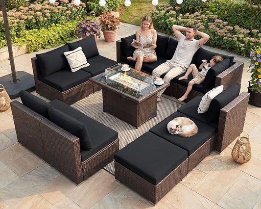 BULEXYARD 11 Piece High Back Outdoor Furniture Set with Firepit, Cozy Patio Conversation Set with Ottoman Modular, Extra Wide Deep 10-Seats Sectional Couch Sofa for Yard, Brown Rattan & Black Cushion