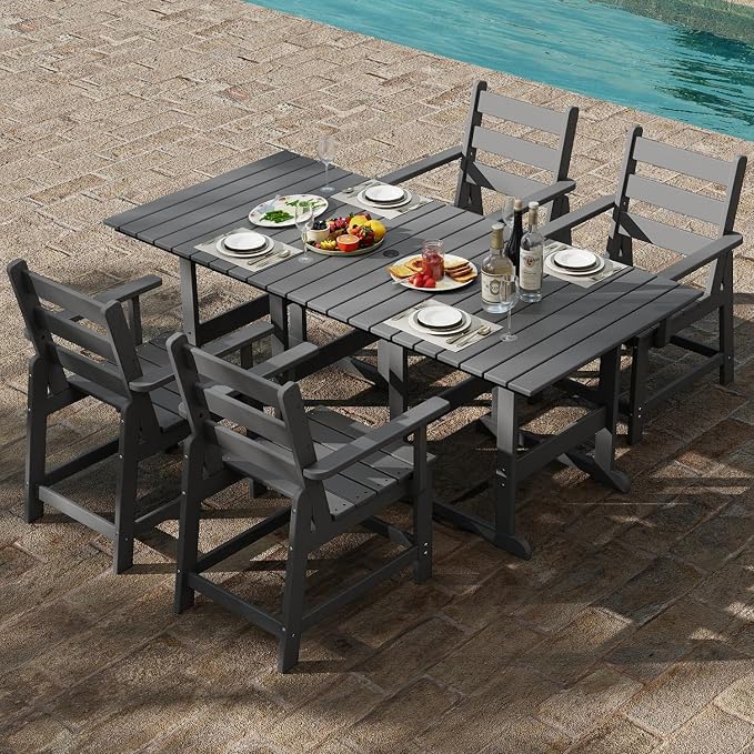 GREENVINES 5-Piece-Outdoor-Table-and-Chairs | HDPE | Patio Furniture | Slatted Dining Sets for 4 | Removable Armrests | Connectable Tables | All Weather | for Backyard Poolside Garden | Grey