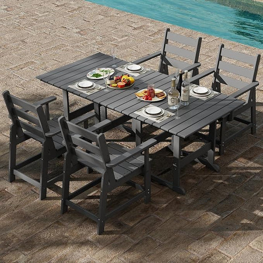 GREENVINES 5-Piece-Outdoor-Table-and-Chairs | HDPE | Patio Furniture | Slatted Dining Sets for 4 | Removable Armrests | Connectable Tables | All Weather | for Backyard Poolside Garden | Grey
