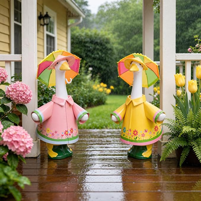 DECOHS 2 Set Raincoat Porch Goose Outfits, Summer Lawn Goose Statue Raincoat Costume, Yard Goose Clothes Raincoats Umbrella Hat Outfit for 23" Statue Patio Garden Decoration (Yellow & Pink)