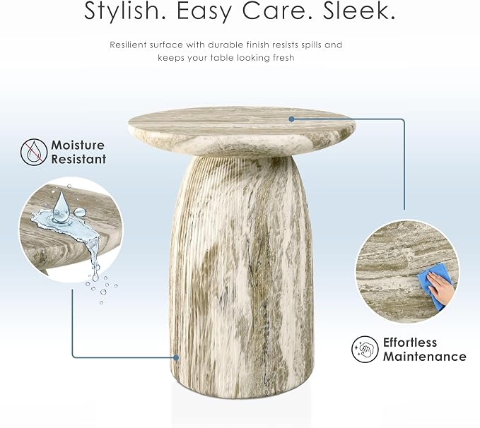 24/7 Shop at Home Ranera Modern 17-inch Natural Stone Side Table with Round Pedestal Base, Marble Nightstand, Fluted Patio End Table, for Living Room, Covered Outdoor Spaces, Balcony, Gray Travertine
