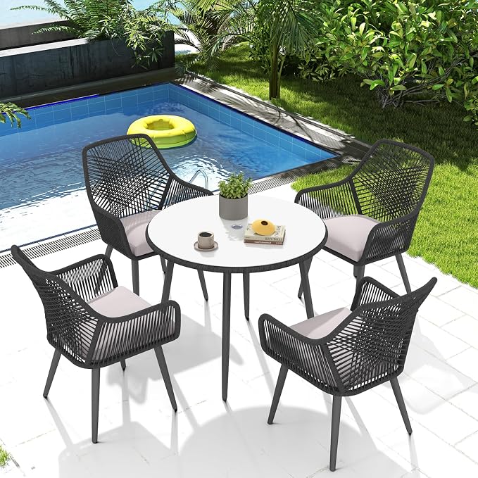 Patiorama 5-Piece Patio Dining Set, Outdoor Dining Table Chair Set, All-Weather Twisted Rattan Wicker Rope Conversation Set,Patio Furniture Set w/Umbrella Hole,Cushioned Chairs&Table(Black&Cross Back)