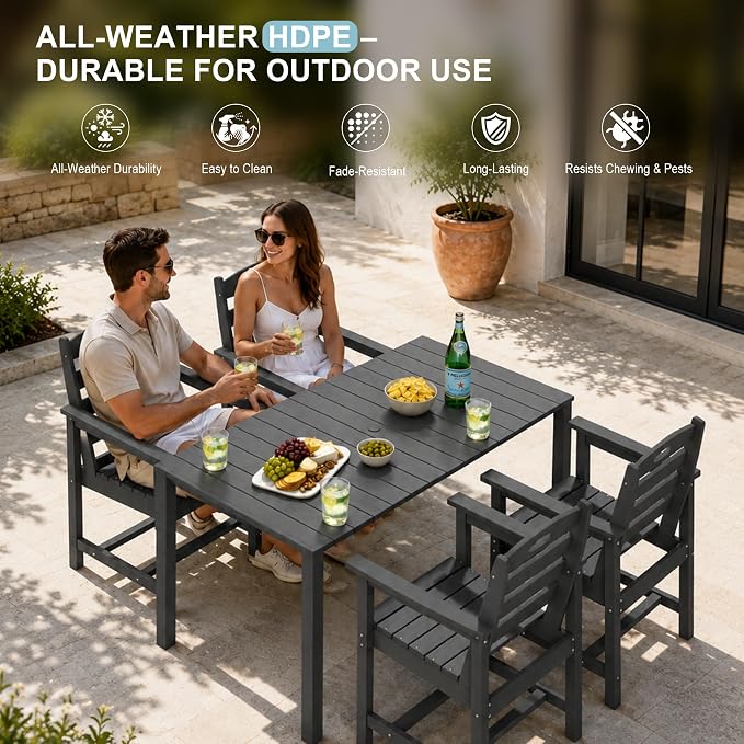 Domi HDPE Outdoor Dining Set, All-Weather 7 Piece Outdoor Dining Table Set with 2" Umbrella Hole, Outdoor Patio Dining Set for Garden, Poolside, Backyard, Deck, Grey
