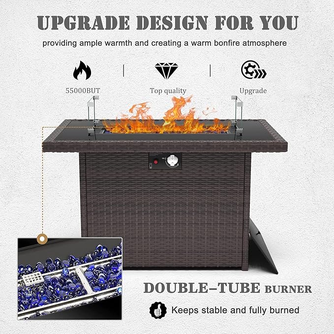 13 Pieces Patio Furniture Set with 44" Propane Gas Fire Pit Table, Outdoor Sectional Brown Rattan Wicker Conversation Sofa Sets with Coffee Table