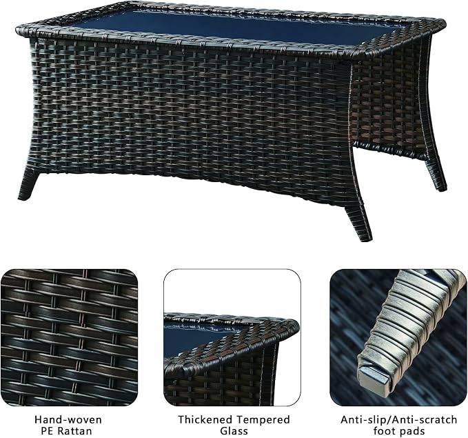 Patio Table Outdoor Coffee Tables - Rattan Wicker Coffee Table with Glass Top and 2-Tier Storage Shelf Rectangle for Outdoor Patio Porch Deck Balcony Garden(Brown/Glass Top)