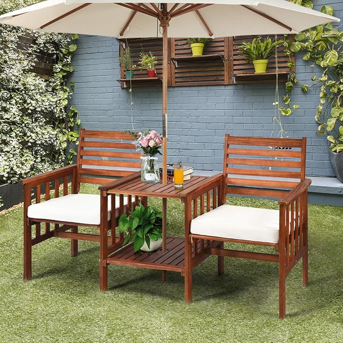 Tangkula Acacia Wood Loveseat, 3pcs Outdoor Table Chairs Set, Patio Conversation Set w/Coffee Table and Soft Cushions, 2.1-inch Umbrella Hole, 2-Seater Furniture Set (White)