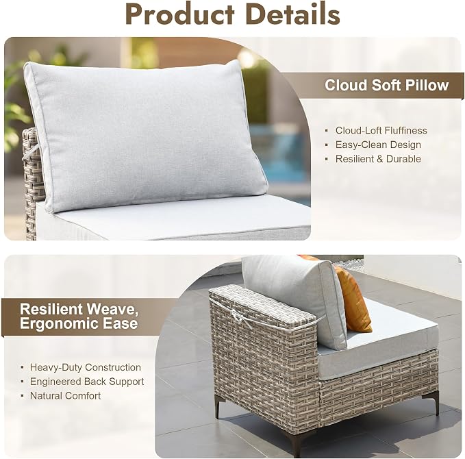 7 Pieces Patio Furniture Set with Solar Light Coffee Table, All-Weather Rattan Outdoor Sectional Conversation Sets L Shaped Sofas with Thick Cushions for Porch Balcony Backyard Grey