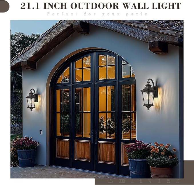 Emliviar Outside Wall Sconce Light Fixture, 21.1 Inch Rustic Wall Lantern with Water Ripple Glass, Outdoor Patio Light in Oil Rubbed Bronze Finish for Entryway, XE292B-M ORB SW