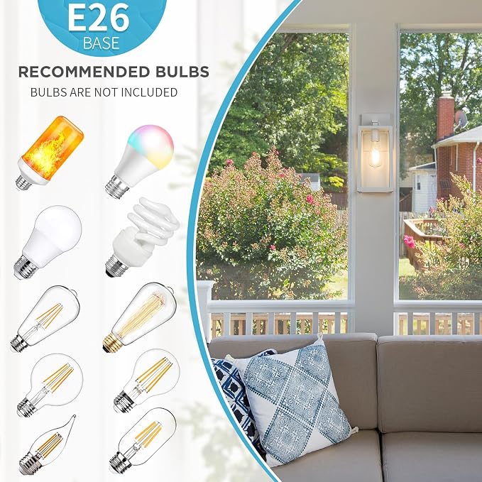 MAXvolador Outdoor Wall Sconce, Large Exterior Waterproof Wall Lantern Light Fixture, White Porch Lights Glass, Anti-Rust E26 Patio Lighting, 2 Pack | Large White Porch Wall Lights, Anti-Rust, E26 Socket, Clear Glass Outside Wall Mount Sconces, Front D...