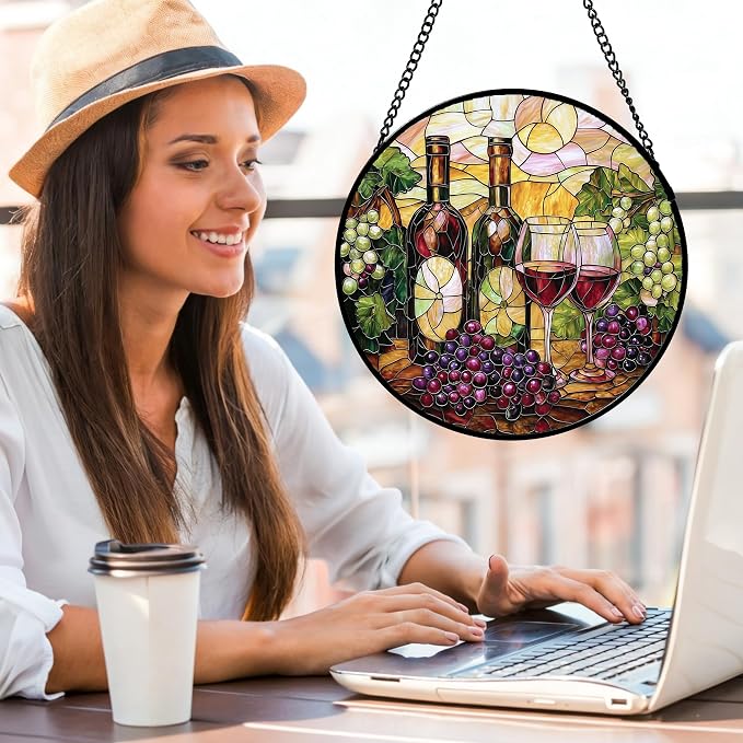 DASTOLL Stained Glass Window Hanging, Grapes and Wine Suncatcher Diamond Glass Panel Hangings Sun Catchers Decor for Birthday for Women, Men, Wife, Aunt, and Mom 14.9x14.9 in