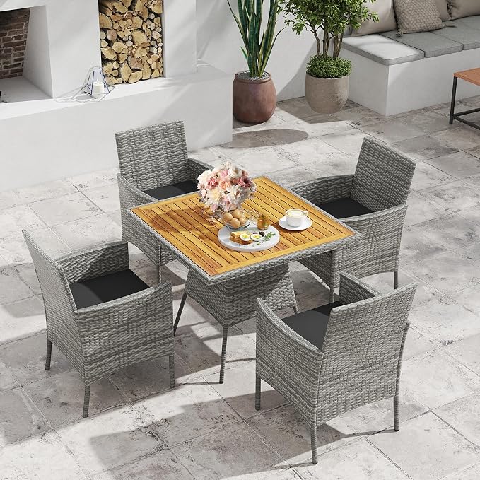 Tangkula 5 Pieces PE Wicker Patio Dining Set, Outdoor Acacia Wood Table and Chairs with Cushions and 1.97" Umbrella Hole, for Deck, Garden and Backyard (Black)