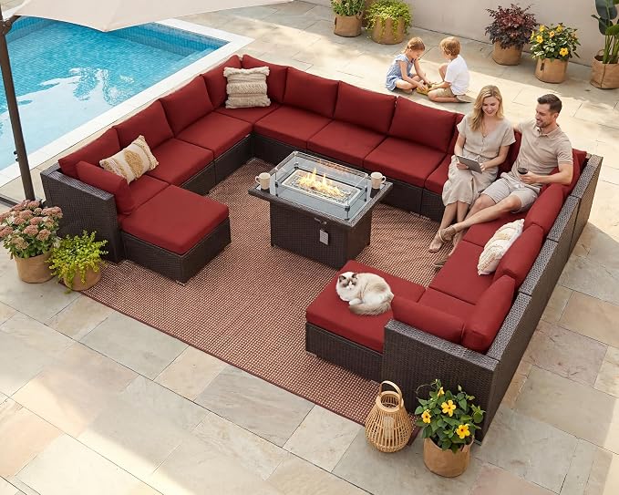 BULEXYARD 15 Piece Highback Wicker Patio Furniture Sets with Firepit, All-Weather Heavy Duty Outdoor Conversation Set Modular, Extra Deep Wide 14-Seats Sectional Couch Sofa for Backyard, Brown & Red