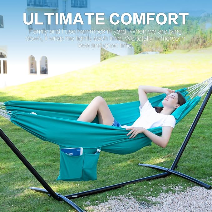 PNAEUT Double Hammocks with Stand for Outside, Portable Space Saving Heavy-Duty Steel Stand for Indoor Outdoor Patio with Carrying Bag, 450 lbs Capacity (Aqua)