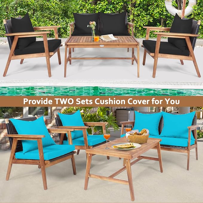 COSTWAY 4 Pieces Acacia Wood Patio Conversation Set, Outdoor Wicker Sofa with Coffee Table & Cushions, Patio Rattan Furniture Set for Yard, Porch, Poolside, Balcony, Backyard, Black & Turquoise