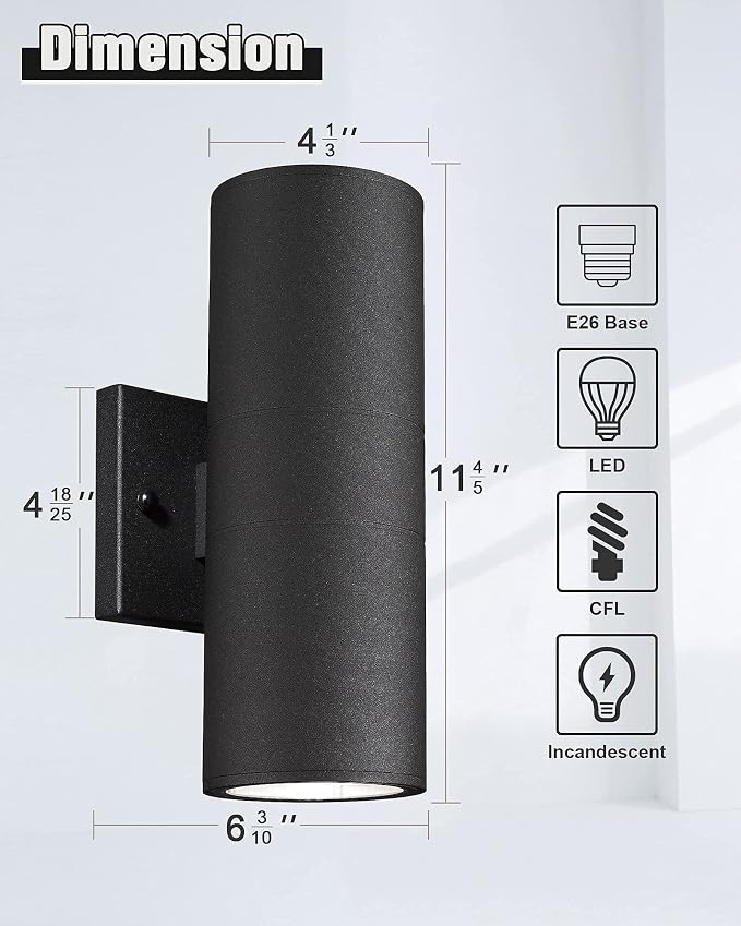 Ken & Ricky Cylinder Outdoor Wall Sconce Lights,Up and Down, Black, 4 Pack | Aluminum Waterproof Outdoor Wall light,No Glare,Exterior Lighting Fixtures,E26 Base，For Porch House Garage Front Door Patio