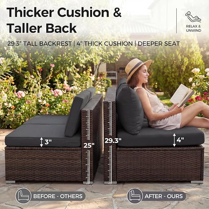 NICESOUL 9pcs Patio Furniture Set with Fire Pit Propane/Gas, 29.3'' High Back Modern Comfy Outdoor Conversation Set, Extra Wide Modular Sofa for Heavyweight, Brown Rattan and Dark Gray Cushion