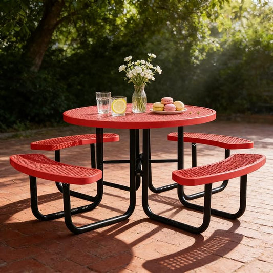 46" Round Picnic Tables for Outdoors,Commercial Metal Picnic Table Bench Set W/ Umbrella Hole,Restaurant School Canteen Tables W/Seats - Heavy Duty Sturdy Picnic Tables for Patio Garden Coffee Shop