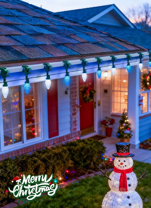 C9 Christmas Lights Outdoor, 102FT 150 LED String Lights with Spring Clips | Waterproof Connectable Commercial Grade Christmas Tree Lights for Outside Roofline Patio Yard Home Decor, Blue|Pure White