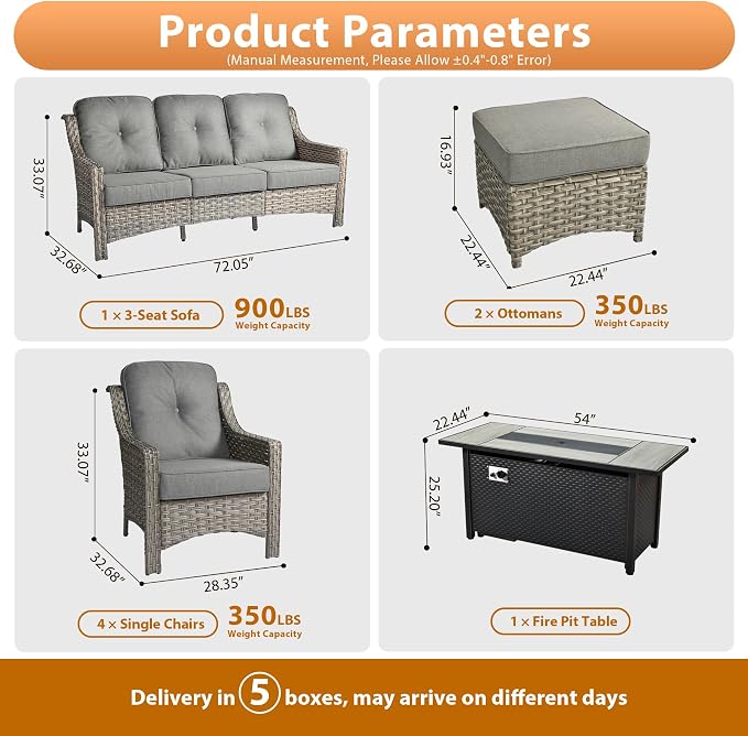 Outdoor Patio Furniture Sets, 8 PCS Patio Conversation Set Outside Rattan Sofa with 54 in Fire Pit Table Comfy Cushions Fit Backyard Porch Garden Poolside Balcony,Dark Grey