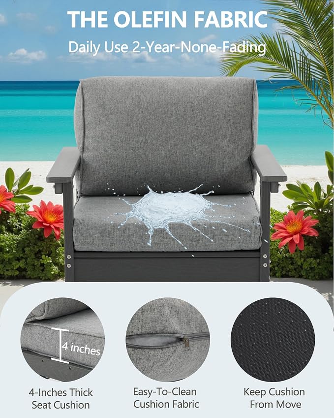 HDPE Outdoor Patio Chair Set with Cushions, 3-Piece Armchair Conversation Set with 2 Weatherproof Armchairs and Side Table, All-Weather Waterproof Deck Chairs for Garden, Porch, Balcony & Backyard