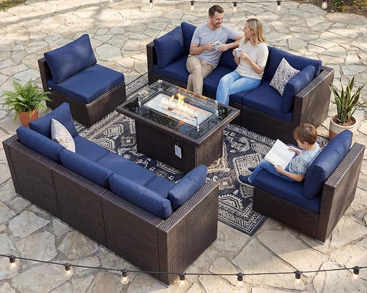 BULEXYARD 9 Pcs High Back Outdoor Sectional Set with Firepit Table, Luxury Patio Furniture Seating Set, Oversized Wide Deep Modular 8-Seater Couch Sofa for Backyard, Brown Wicker & Navy Blue Cushion