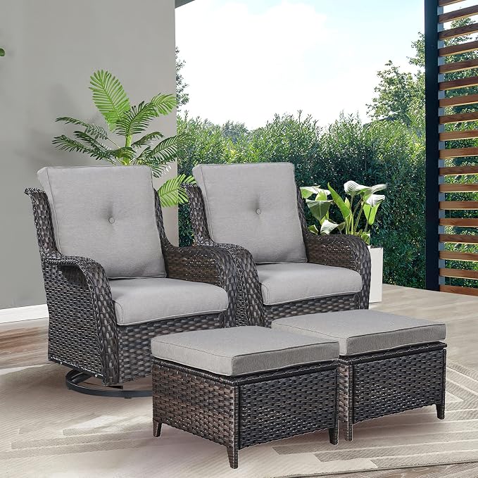 Rilyson Luxury 4 Pieces Patio Wicker Furniture Set, Outdoor Rattan Bistro Set with Rocking Swivel Chair, Ottoman and Thickened Cushions (Brown/Grey)