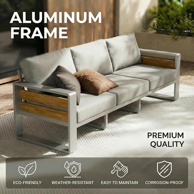 ZANDOR Aluminum Outdoor Patio Furniture-1 Pcs 3-Seat,Sliver | Rustproof,High weight capacity,Water-repellent,Washable Cover,All-Weather Resistant,Easy clean,for Poolside Backyard Deck