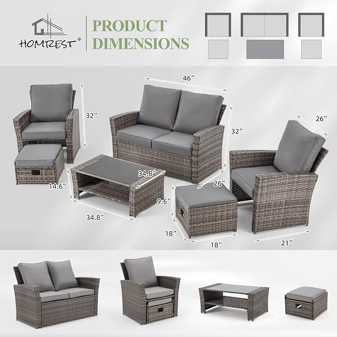 HOMREST 6 Pieces Outdoor Patio Furniture Set with Coffee Table, Patio Conversation Set with Ottoman with Storage, Outdoor Sofa for Garden, Porch, Deck, Backyard (Grey)